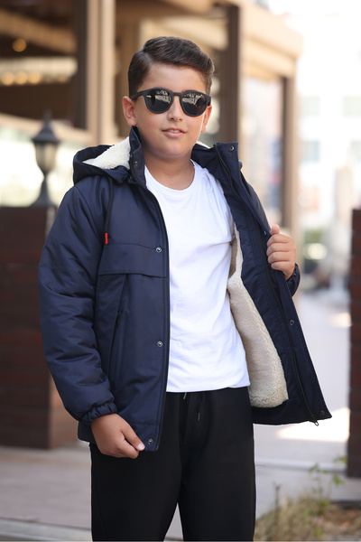 Boymen Black Fur Inside Thick Waterproof Exit Hooded Children's Coat Premium Coat