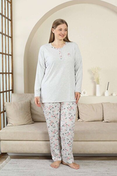 ALİMER Plus Size Pajamas Set - Gray Flower Pattern Long Sleeve Lycra Viscose 2875Uyb