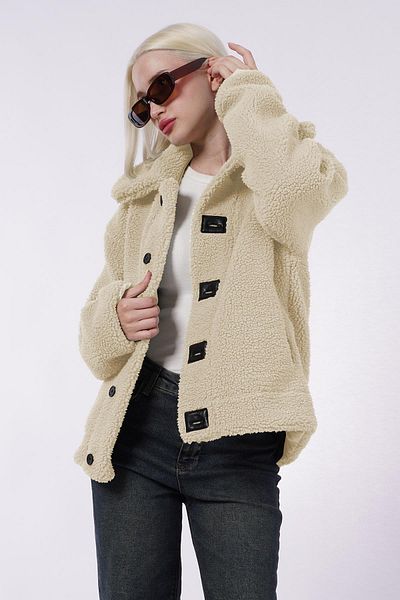 Madmext Beige Leather Detailed Women's Plush Coat Mg2485