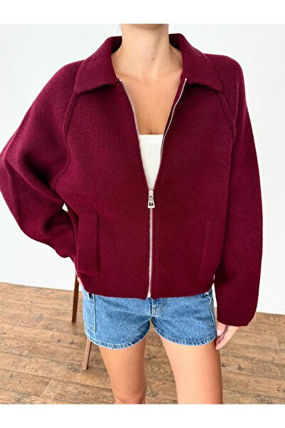 yeditepe fashion Fermuarlı Oversize Bogıe Triko Hırk Bordo