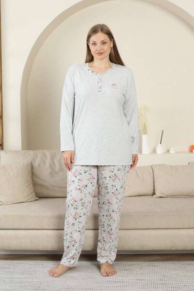 ALİMER Pajama Set - Gray Flower Pattern Long Sleeve Lycra Viscose 2875Uy