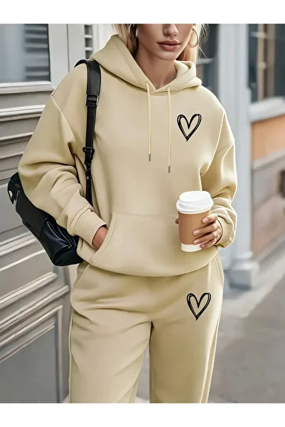 FUFLUNS Heart Printed Unisex Women/Men Hooded Oversize Bottom/Up Tracksuit Set