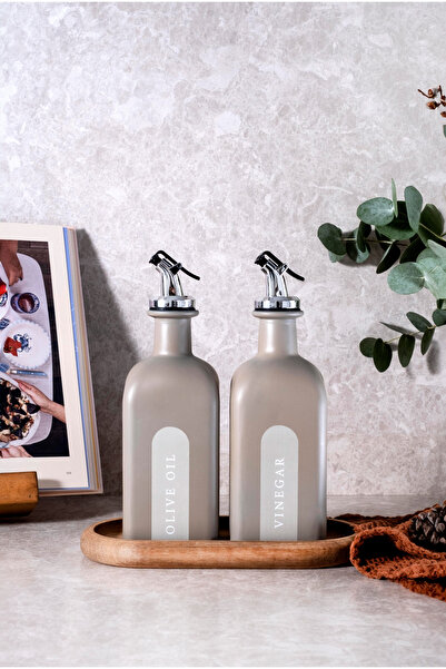 MIROU Quadro - 2'li 500ml Dekorlu Cam Yağlık & Sirkelik Seti - Gümüş Başlıklı...