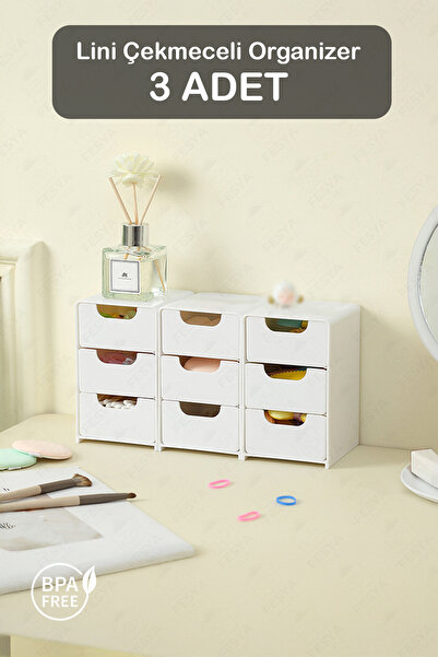 Fesya Home LİNİ 3 Adet Mini Organizer – 3 Çekmeceli Düzenleyici Set Takı, Hob...