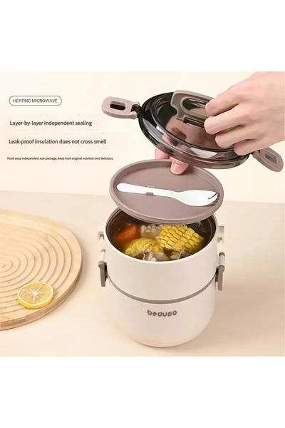 Next Plus Bento Beige 1600ml Two Layer Stainless Steel Carrying Handle Noki Spoon Two Compartment Lunch Box Beige Color