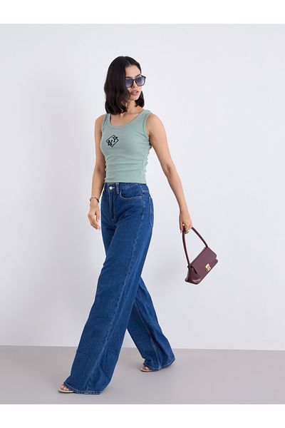 Styli Green Fitted Embroidered Tank