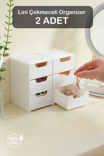 Fesya Home LİNİ 2 Adet Mini Organizer – 3 Çekmeceli Düzenleyici Set Takı, Hob...