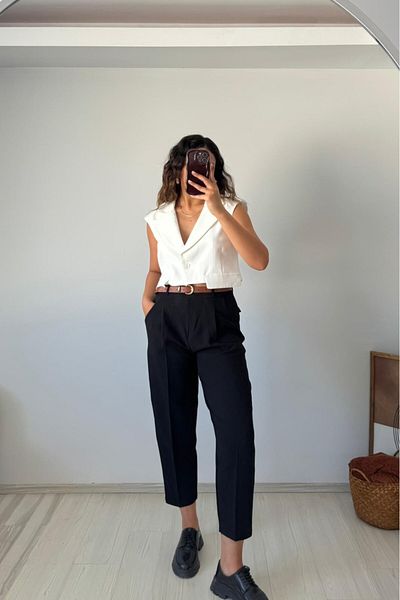 Güneş Black Fabric Pants with High Waist Belt