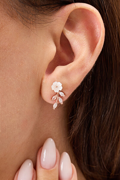 A-STİL TAKI 925 Ayar Gümüş Zirkon Taşlı Manolya Çiçeği Küpe Hediye Kutulu