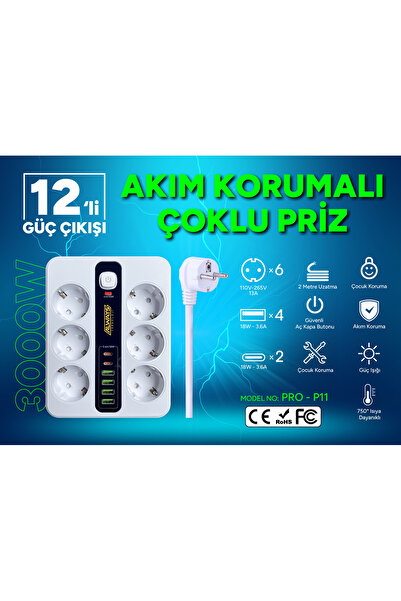 leeways Akım Korumalı 6'lı Grup Priz 4 USB'li ve 2 TYPE-C li 6'lı Grup Priz 2 m Kablo Çocuk Korumalı