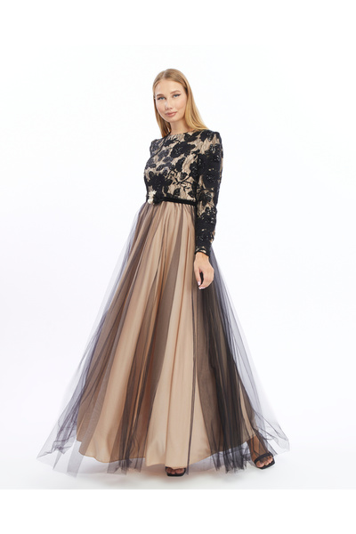 Asees Balloon Sleeve Pattern Tulle Hijab Evening Dress