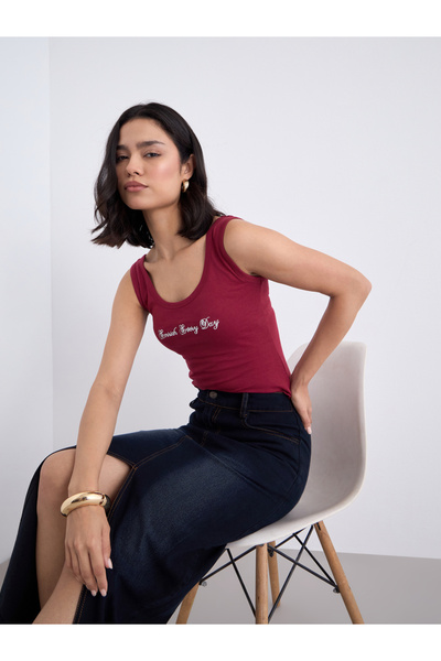 Styli Maroon Fitted Embroidered Tank