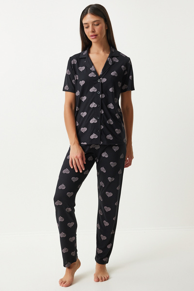 Lovelyİstanbul Heart Shirt Pants Pajama Set Lec0005 Black
