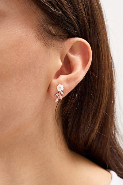 A-STİL TAKI 925 Ayar Gümüş Zirkon Taşlı Manolya Çiçeği Küpe Hediye Kutulu