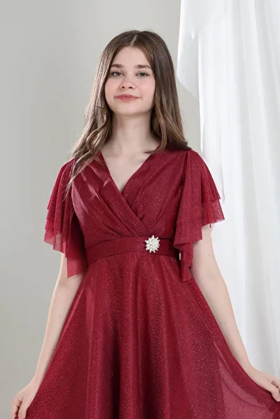Giyinse Crystal Fabric Evening Dress Burgundy
