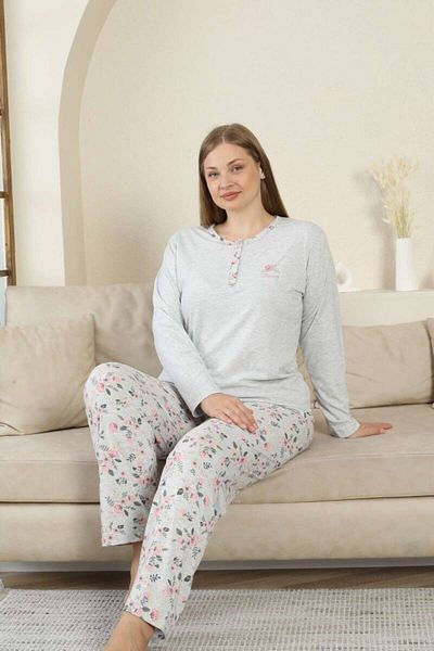 ALİMER Plus Size Pajamas Set - Gray Flower Pattern Long Sleeve Lycra Viscose 2875Uyb