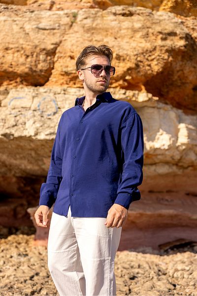 COMBİNE MİCHAİL Men's Long Sleeve Summer Basic Blue Loose Shirt