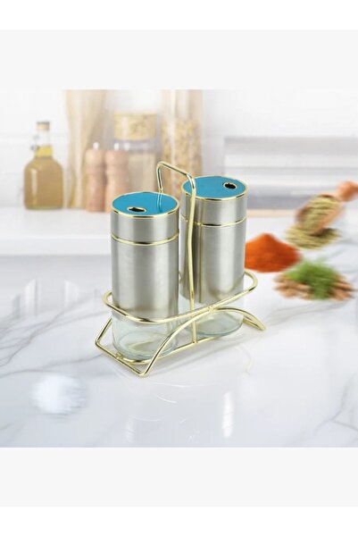 rexa 2-Piece Silver Glass Spice Jar Set with Gold Frame and Gold Stand - 2SS28-1660