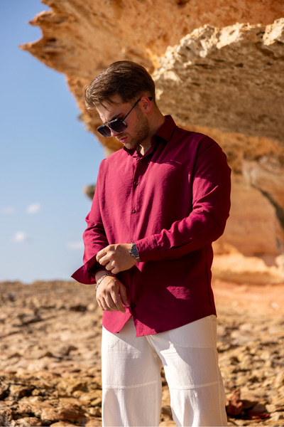 COMBİNE MİCHAİL Men's Long Sleeve Summer Basic Burgundy Loose Shirt