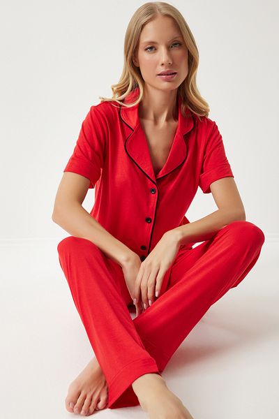 Lovelyİstanbul Piping Detailed Shirt Pants Pajama Set Lec0008 Red