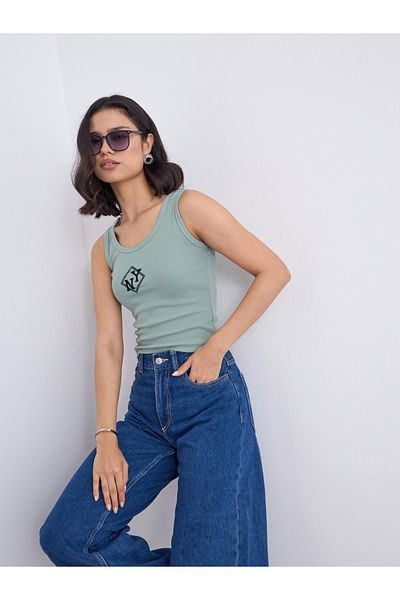 Styli Green Fitted Embroidered Tank