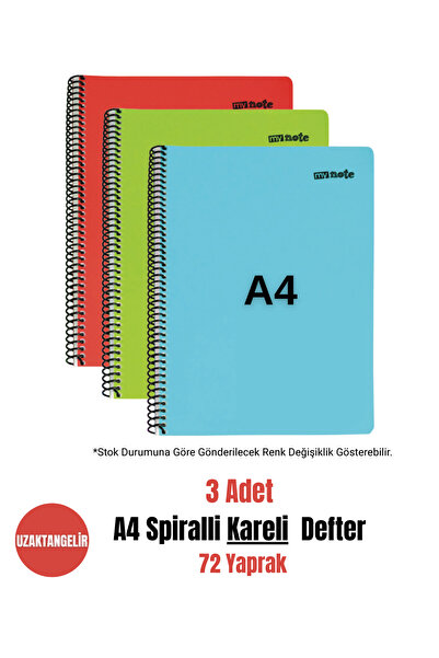 uzaktangelir Mynote A4 72 Sheets Spiral Plastic Cover Checkered Notebook (3 Pieces)