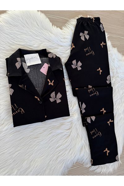 Pijamacs Black Bow Patterned Suede Shirt Collar Long Sleeve Pajama Set