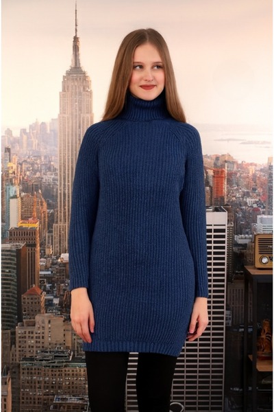 ASEZ BUTİK Pulover lung din tricot cu gât rotund pentru femei – bleumarin, potrivire confortabilă