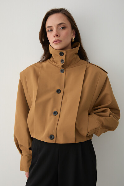 Laluvia Camel High Collar Buttoned Trench Coat