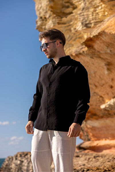 COMBİNE MİCHAİL Men's Long Sleeve Summer Basic Black Loose Shirt