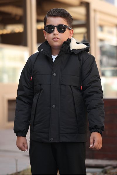 Boymen Black Fur Inside Thick Waterproof Exit Hooded Children's Coat Premium Coat