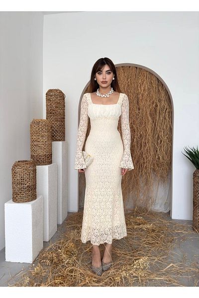 Afiş Butik Ecru Square Collar Ruched Pleated Dress