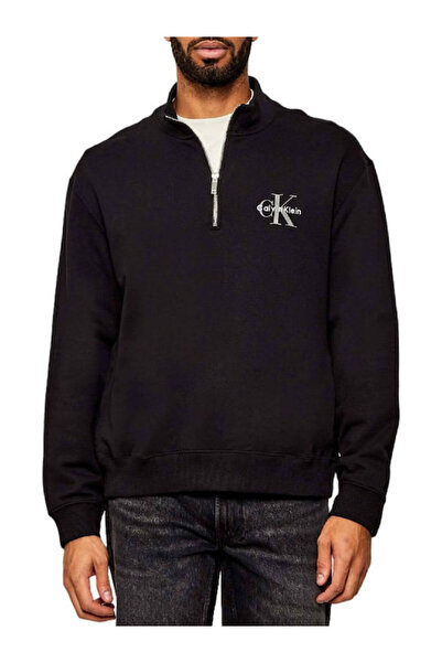 Calvin Klein Erkek Rahat Kalıp %100 Pamuklu Göğüste CK Logolu Yarım Fermuarlı Siyah Sweatshirt LV04RD244G-UB1