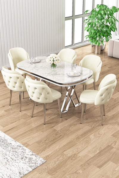 Canisa Ela Serisi Lak Panel Beyaz Mermer Desen Krom Ayak Masa Takımı 6 Krem S...