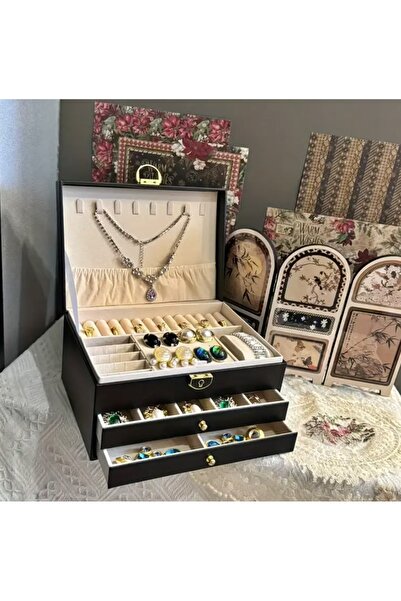 newnet Jewelry Box Makeup Table Top 3 Tier Multifunctional Organizer with Lock Black Leather Covered -Mdl8-