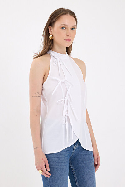 Rays Λευκή μπλούζα με λαιμόκοψη με λεπτομέρεια με κορδόνια 8094A