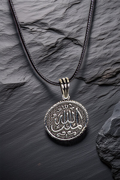 OSMANLI GÜMÜŞ Erkek Gümüş Kolye Ucu - Mülki Allah Yazılı Oksitli Model Deri K...