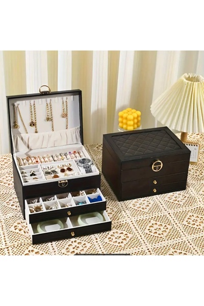 newnet Jewelry Box Makeup Table Top 3 Tier Multifunctional Organizer with Lock Black Leather Covered -Mdl8-
