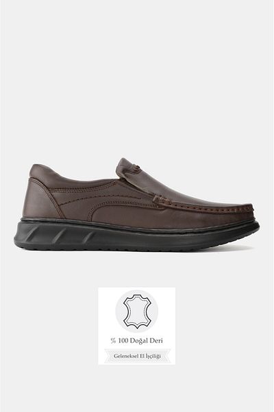 TUNAELLİ Men's Brown Khaki Natural Leather Orthopedic Loafer Shoes