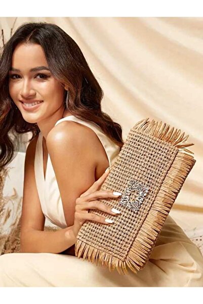 ÇANTA Crystal Decorated Women's Paper Woven Tassel Detailed Straw Portfolio Hand Bag Women's Makeup Bag