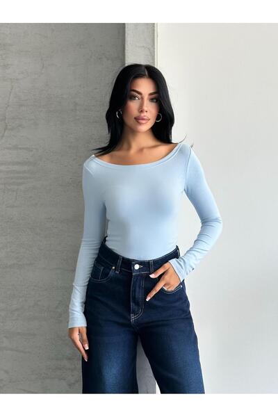 FERZOLAİO Boat Neck Long Sleeve Baby Blue Blouse