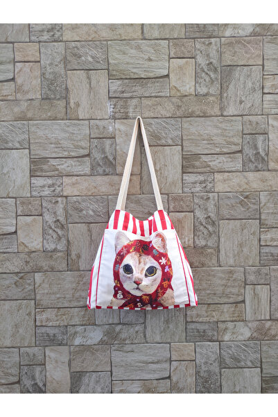 Kırmızı Çizgili Kedi Desenli Çanta
