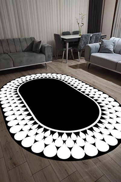 CENTER AVM Siyah Beyaz Halı Salon Halısı Makinede Yıkanabilir Halı Kaymaz Tab...