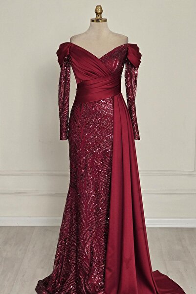 Yonca Moda Evi Bordo Işıltılı Drapeli Saten Abiye 3395