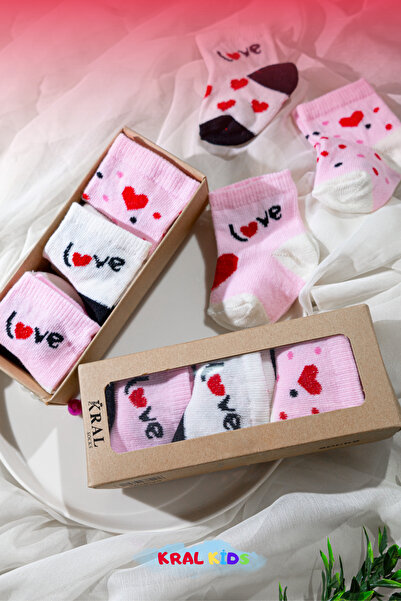 KRAL SOCKS Baby Girl Socks Set 6 Pairs – Heart Pattern – Boxed – Cotton – Booties Size