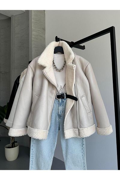 FERZOLAİO Double Breasted Collar Stone Leather Jacket