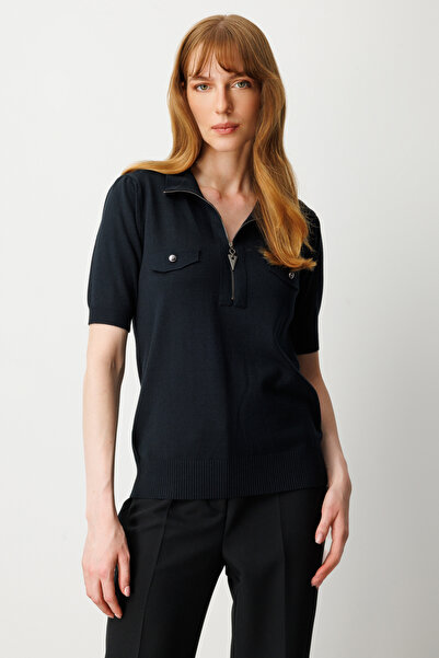 ON Yakası Fermuarlı Kısa Kol Triko Kazak