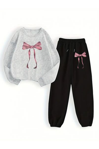 QUEENSTOWN Women's Chest Ribbon Printed Oversize Crew Neck Tracksuit Set