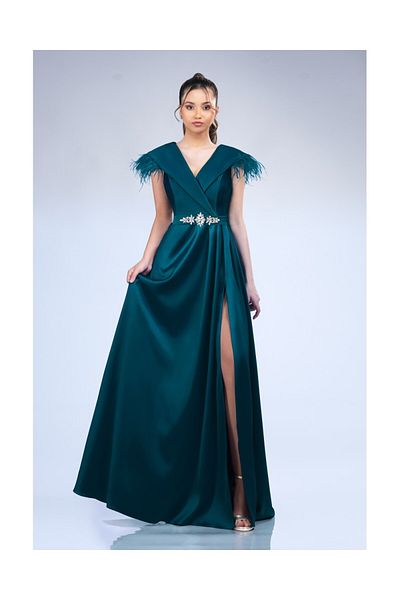 OPHIRA Long Evening Dress Turquoise Teal Made from Satin Taffeta with Feathers