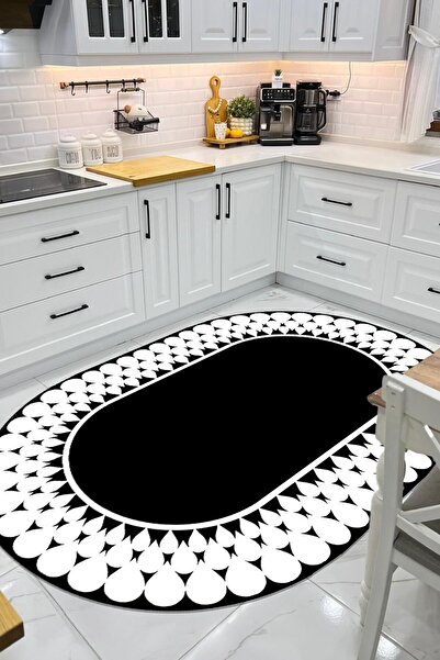 CENTER AVM Siyah Beyaz Halı Mutfak Halısı Makinede Yıkanabilir Halı Kaymaz Ta...